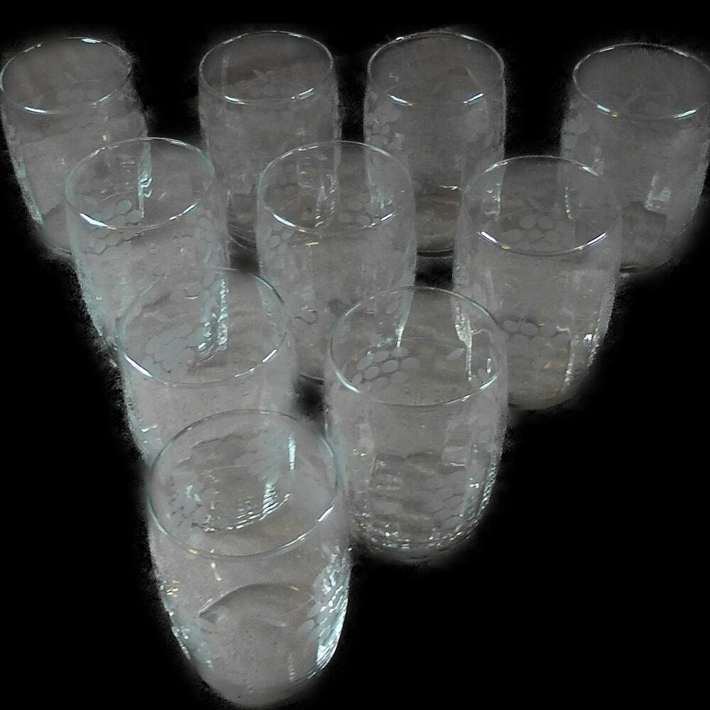Vintage MCM Grey Cut Grape Pattern Clear 9 oz Tumblers Set of 10